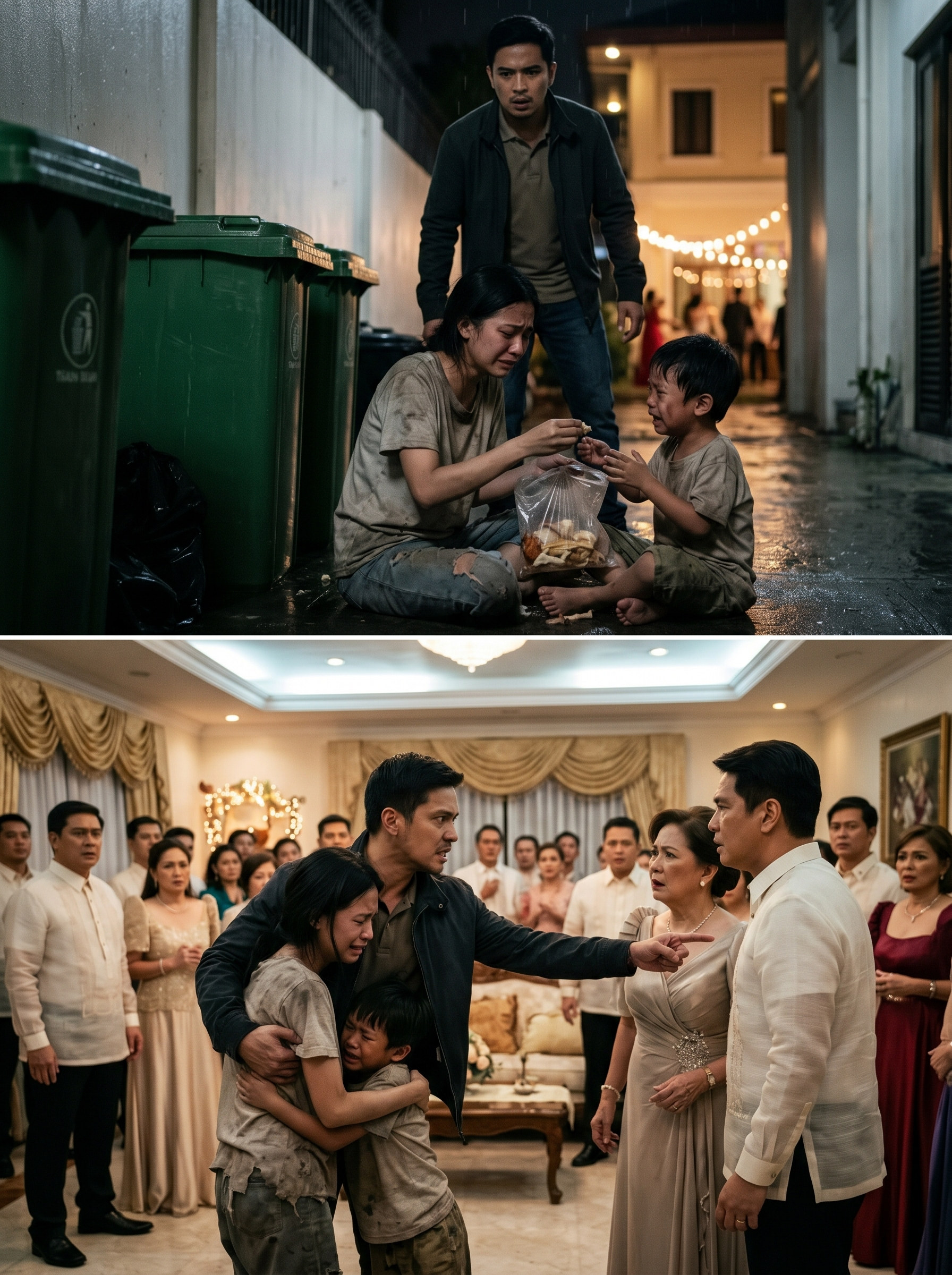 Akala ko pagsalubong na may yakap ang naghihintay sa akin sa mansyon… Pero pag-uwi ko nang walang pasabi mula abroad, nadatnan ko ang aking 23-anyos na asawa at anak na nanginginig sa gutom sa likod-bahay—kumakain ng tira-tirang itinapon ng mismong sarili kong pamilya habang nagpapakasasa sila sa party!
